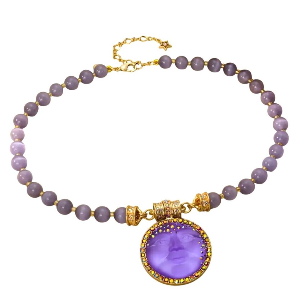 Purple Glass Iridescent Moon Face Pendant Necklace Cat's Eye Beads - Picture 2 of 2